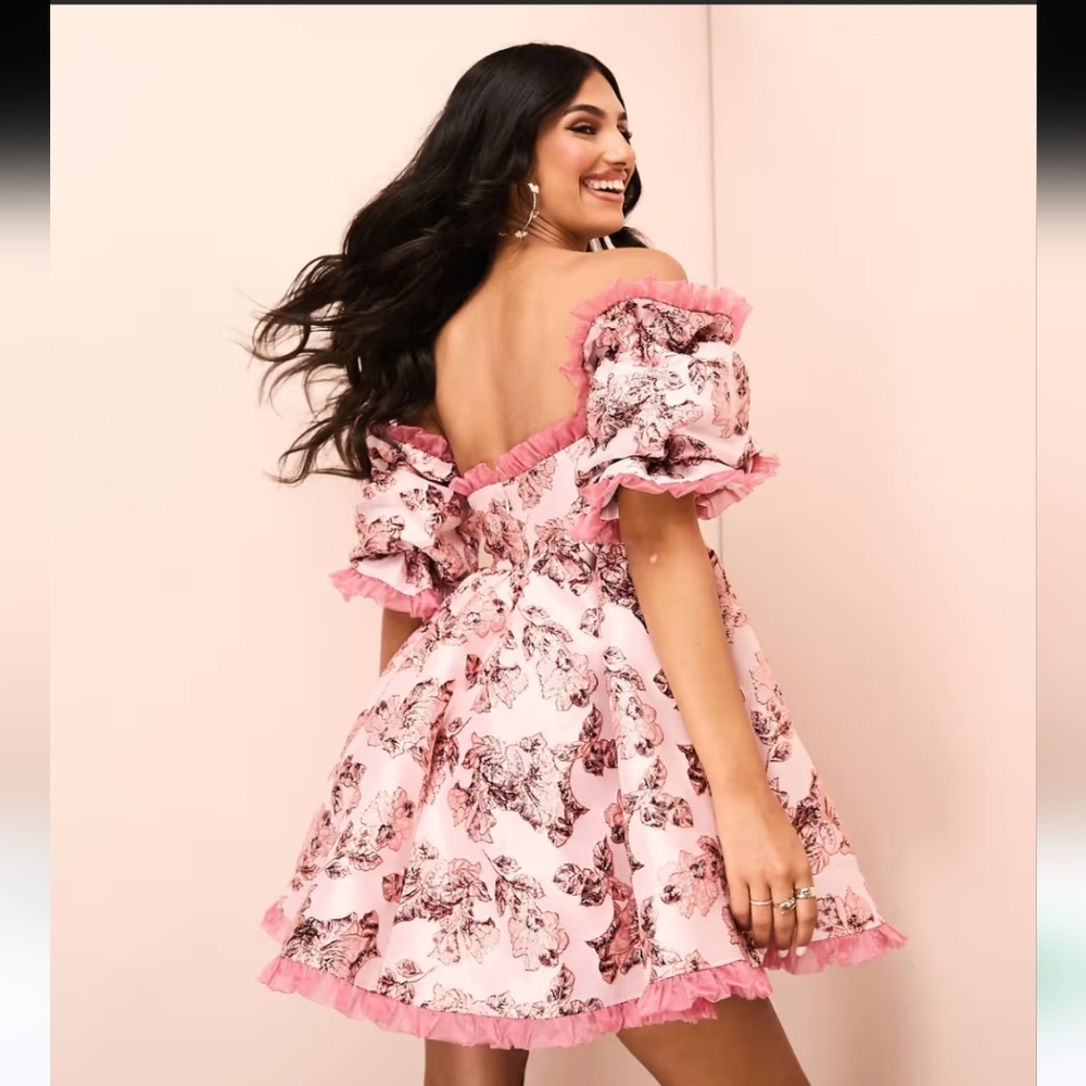 ASOS Pink Floral Off-Shoulder Mini Dress - Picture 3 of 10